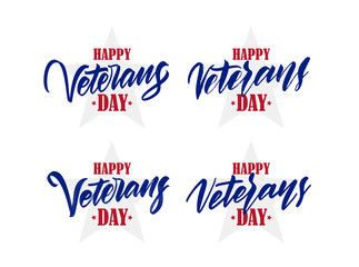 Vector illustration: Set of four Calligraphic brush type lettering composition of Happy Veterans Day.