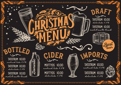 Christmas menu template for beer restaurant on a blackboard.