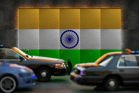 Bright Digital Display India Flag In City As Cars Drive Past