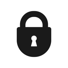 Black isolated icon of closed lock on white background. Silhouette of closed padlock. Flat design.