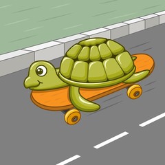 Funny cartoon turtle riding skateboard on the road