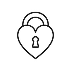 Black isolated outline icon of heart shape lock on white background. Line Icon of closed heart shape lock.