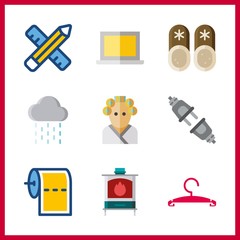 9 household icon. Vector illustration household set. slippers and utensils icons for household works