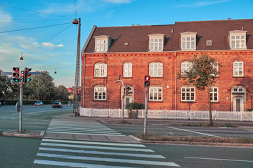 Pedestrian crossing across the road with a traffic light in Copenhagen