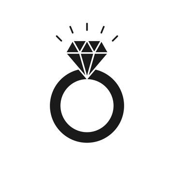 Black isolated icon of ring with diamond on white background. Silhouette of wedding ring. Flat design.