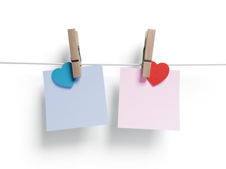 Blank paper notes cards with hearts and clothespins hanging on a rope. 3d illustration