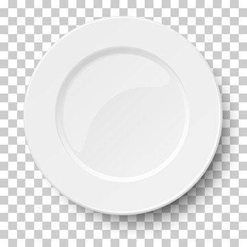 Empty classic white plate isolated on transparent background. View from above. Vector illustration.