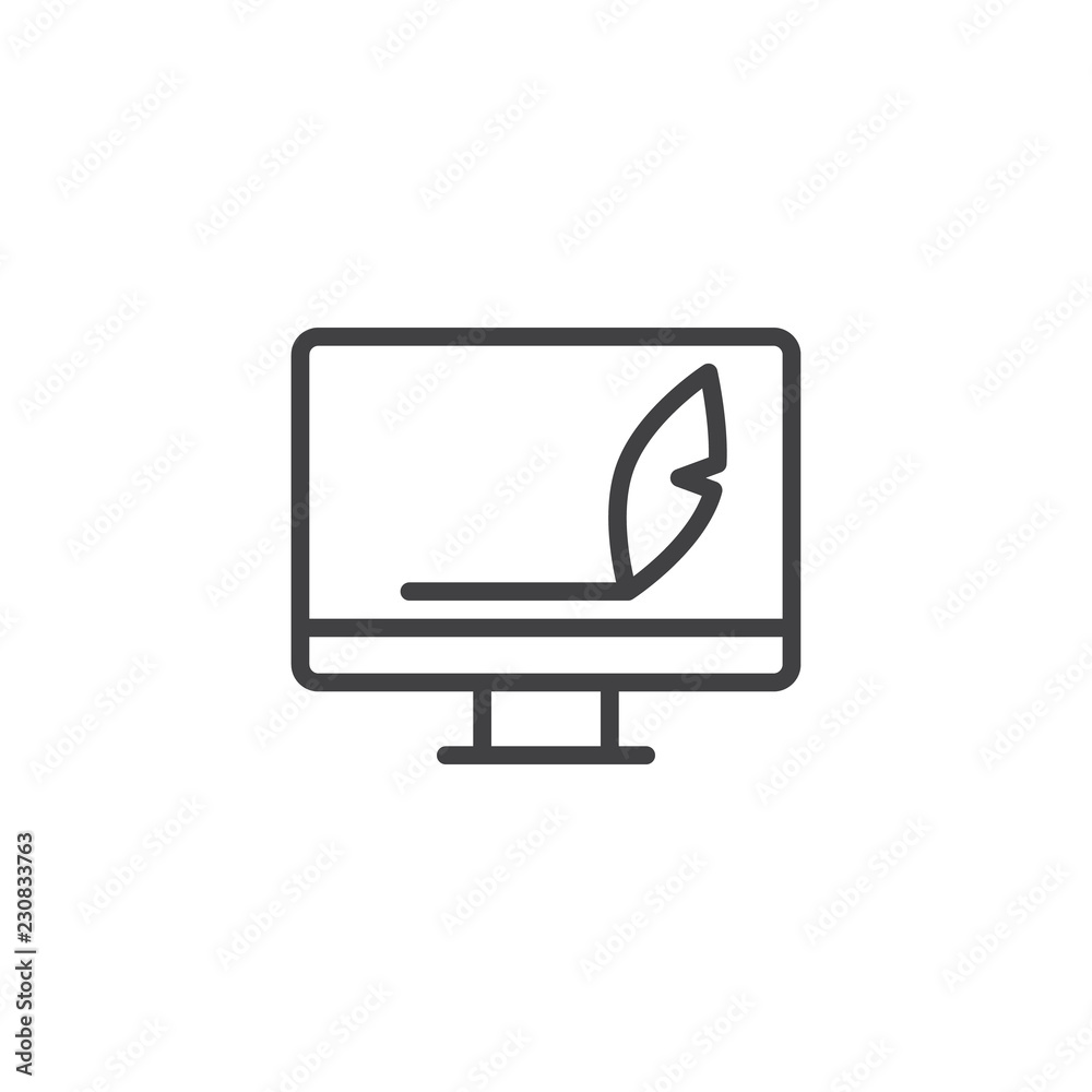 Fototapete computer monitor and feather pen outline icon. linear style sign for mobile concept and web design. 