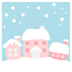 Winter flat icon set in square frame with houses covered with snow