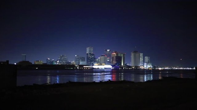 Static shot of New Orleans skyline at night time