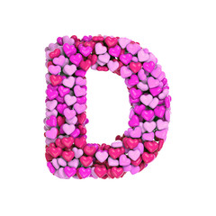 Valentine letter D - Capital 3d pink hearts font - Love, passion or wedding concept