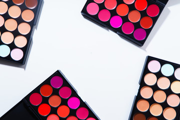 Various lipstick and eye concealer palettes with lots of colors isolated on white background....