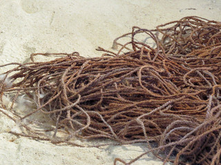 Favignana, Trapani, Italy -  fishing nets in the Former tuna fish factory (La Tonnara in Italian) in the Aegadian islands