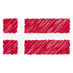 Hand Drawn National Flag Of Denmark Isolated On A White Background. Vector Sketch Style Illustration. Unique Pattern Design For Brochures, Printed Materials, Logos, Independence Day