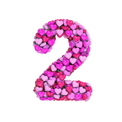 Valentine number 2 -  3d pink hearts digit - Love, passion or wedding concept