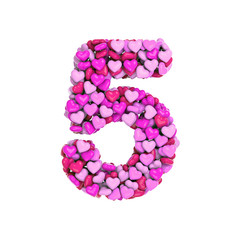 Valentine number 5 -  3d pink hearts digit - Love, passion or wedding concept