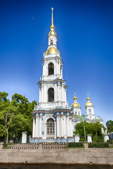 Fototapeta na wymiar Bell tower of St. Nicholas Naval Cathedral in Saint Petersburg Russia baroque Orthodox cathedral