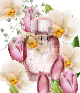 Women perfume bottle floral Vector. Product packaging design. Delicate flowers fragrance watercolor styles