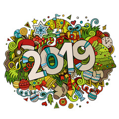 Obraz premium Cartoon vector cute doodles hand drawn 2019 year illustration.