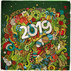 2019 hand drawn doodles colorful illustration. New Year poster.