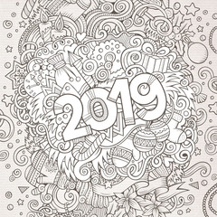 2019 hand drawn doodles contour line illustration. New Year poster.