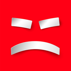 Fototapeta na wymiar Angry paper smile on red background. Illustration in paper style with shadow. Bad vector character