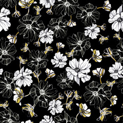 flowers hand-drawn in black, gold and white ink and marker on a seamless black background, for use in design, textile, Wallpaper, packaging