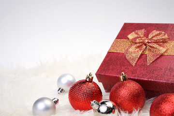 Christmas concept. Christmas decorations and gifts creatively arranged on white background