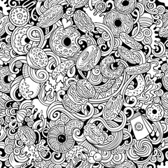 Donuts hand drawn doodles seamless pattern. Sprinkled doughnuts background