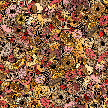 Donuts hand drawn doodles seamless pattern. Sprinkled doughnuts background.