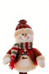 cheerful snowman in a fur hat and scarf, in a jacket on a white background. Concept of winter, christmas and new year. Isolated christmas symbol.