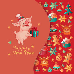 Happy New Year card with cute pig. Vector.