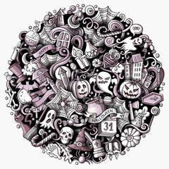 Cartoon vector doodles Happy Halloween illustration. Toned funny round picture