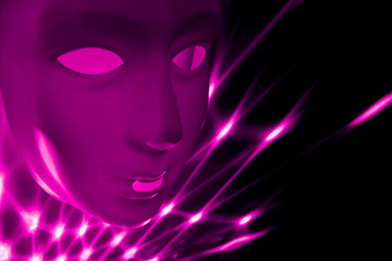 Purple abstract face stock images. Dramatic mask at night. Plastic human mask. Human face on violet black background