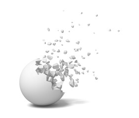 3d rendering of an isolated white round ball getting deteriorated with small pieces flying up.