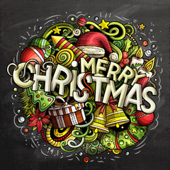 Merry Christmas hand drawn doodles chalkboard illustration.