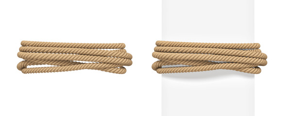 3d rendering of brown rope bound around a wide white post and around empty space. - obrazy, fototapety, plakaty