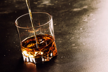 Whiskey Pour In Glass, Dark Background, Selective Focus