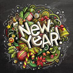 Obraz premium 2019 hand drawn doodles chalkboard illustration. New Year object