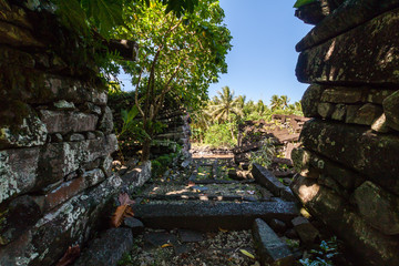 View out of the overgrown walls of Nandouwas fortress of Nan Madol - prehistoric ruined stone city. Pohnpei, Carolines, Micronesia, Oceania.