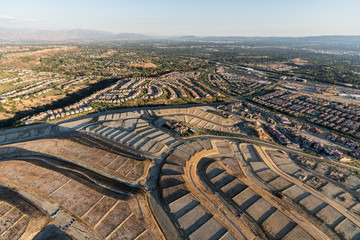 Aerial view of new neighborhood construction in the growing Porter Ranch community of Los Angeles,...