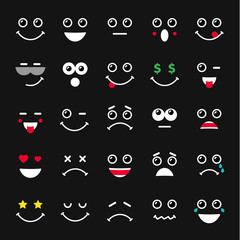 Smiley coloured icons. Collection of colorful negative isolated expression fun labels on black backdrop in simple minimalist style. Elegant abstract pattern idea, arts and graphic design template. 