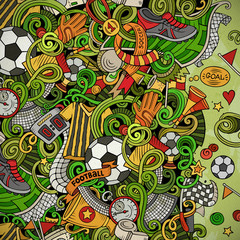 Cartoon vector doodles Soccer frame. Colorful, detailed, background