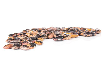 Lot of whole speckled colored butter beans painted lady scarlet runner variety isolated on white...