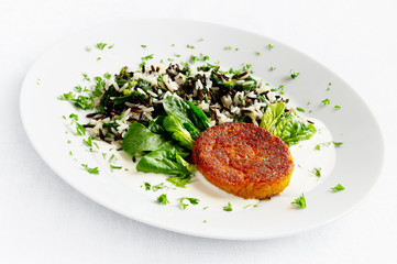 carrot cutlet with sour cream and mayo sauce garnished with rice mix, spinach, green onion, and parsley