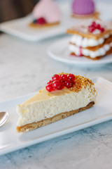 Cheesecake with red currant berries on white plate.