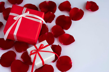 White and red gift boxes with rose petals on white background. Copy space.