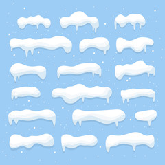 Snow, snow caps set. Snowflakes and snowfall. Set of flat icons. Vector