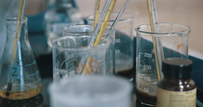 Glass beakers and science equipment