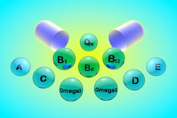 Open blue capsule with essential vitamin pills on colorful background. Vitamin and mineral complex. Healthy life concept. 3d illustration